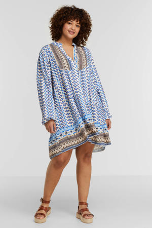 A-lijn jurk Ona met all over print en volant blauw/wit/bruin