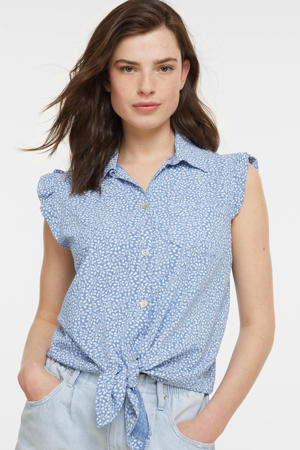 blouse Ida met all over print en ruches lichtblauw