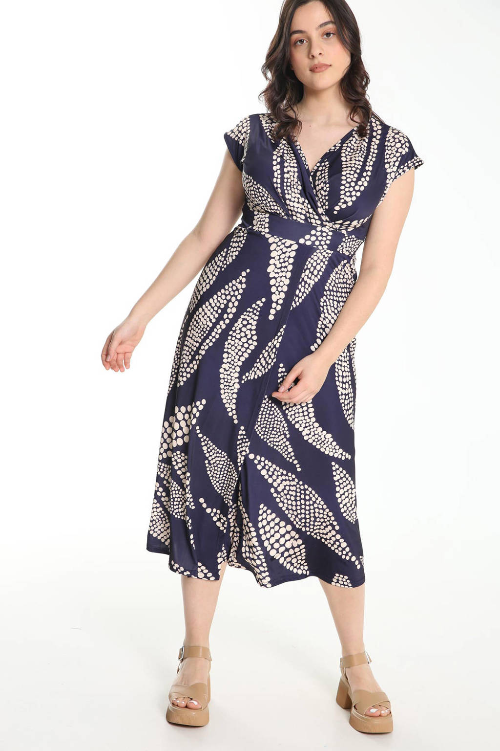 Cassis jurk met all over print en plooien donkerblauw/off-white