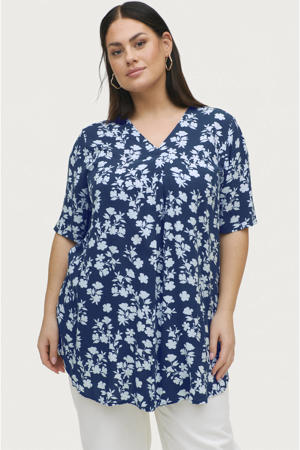 gebloemd T-shirt HANNA blauw/wit