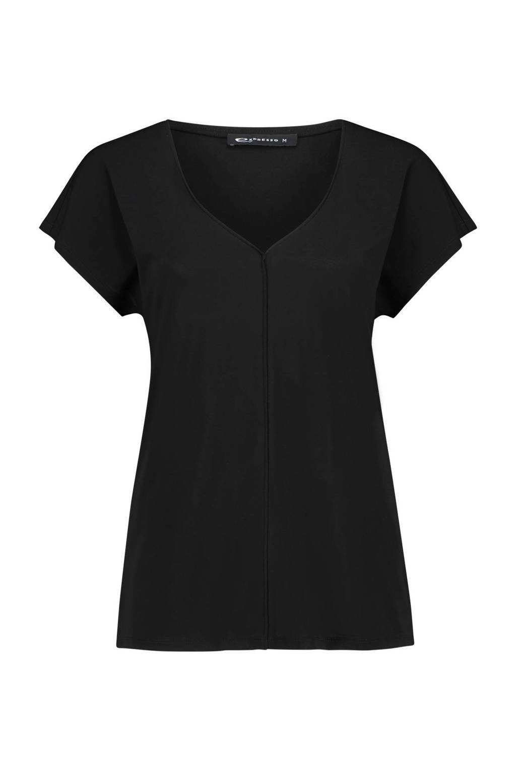 Zwarte dames Expresso T-shirt van rayon met kapmouwtjes, V-hals en wijde mouwen