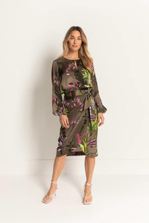 jurk met bladprint en open detail bruin/groen/roze