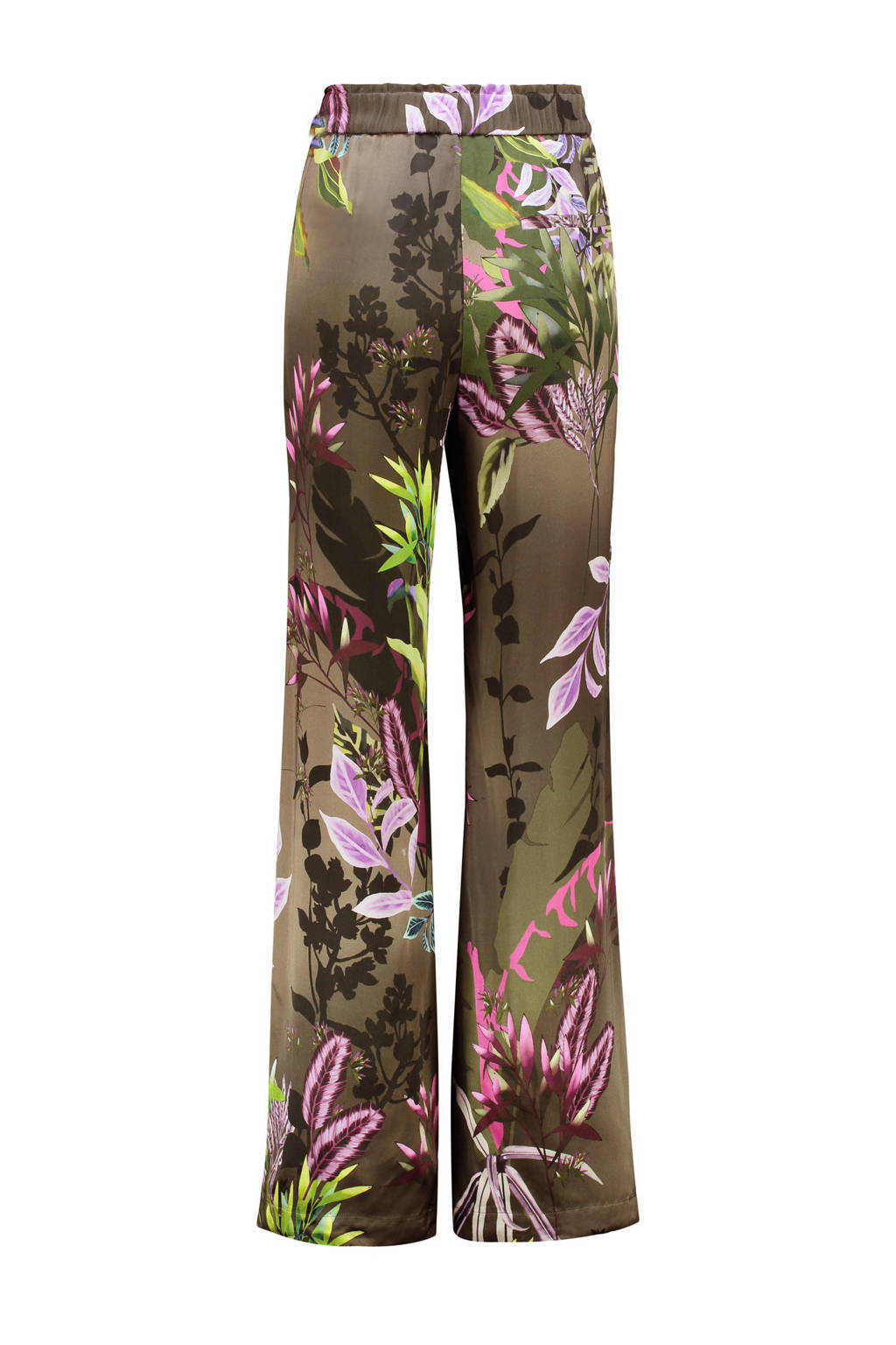 Claudia Sträter wide leg broek met bladprint bruin/groen/roze/turquoise