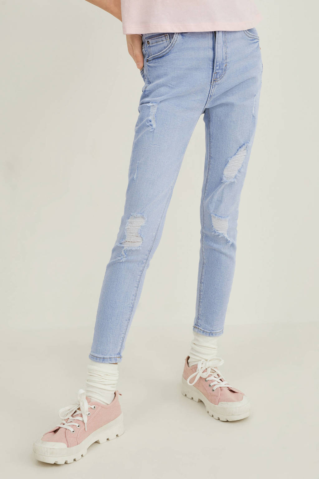 Lichtblauwe meisjes C&A skinny jeans van denim met regular waist en rits- en knoopsluiting