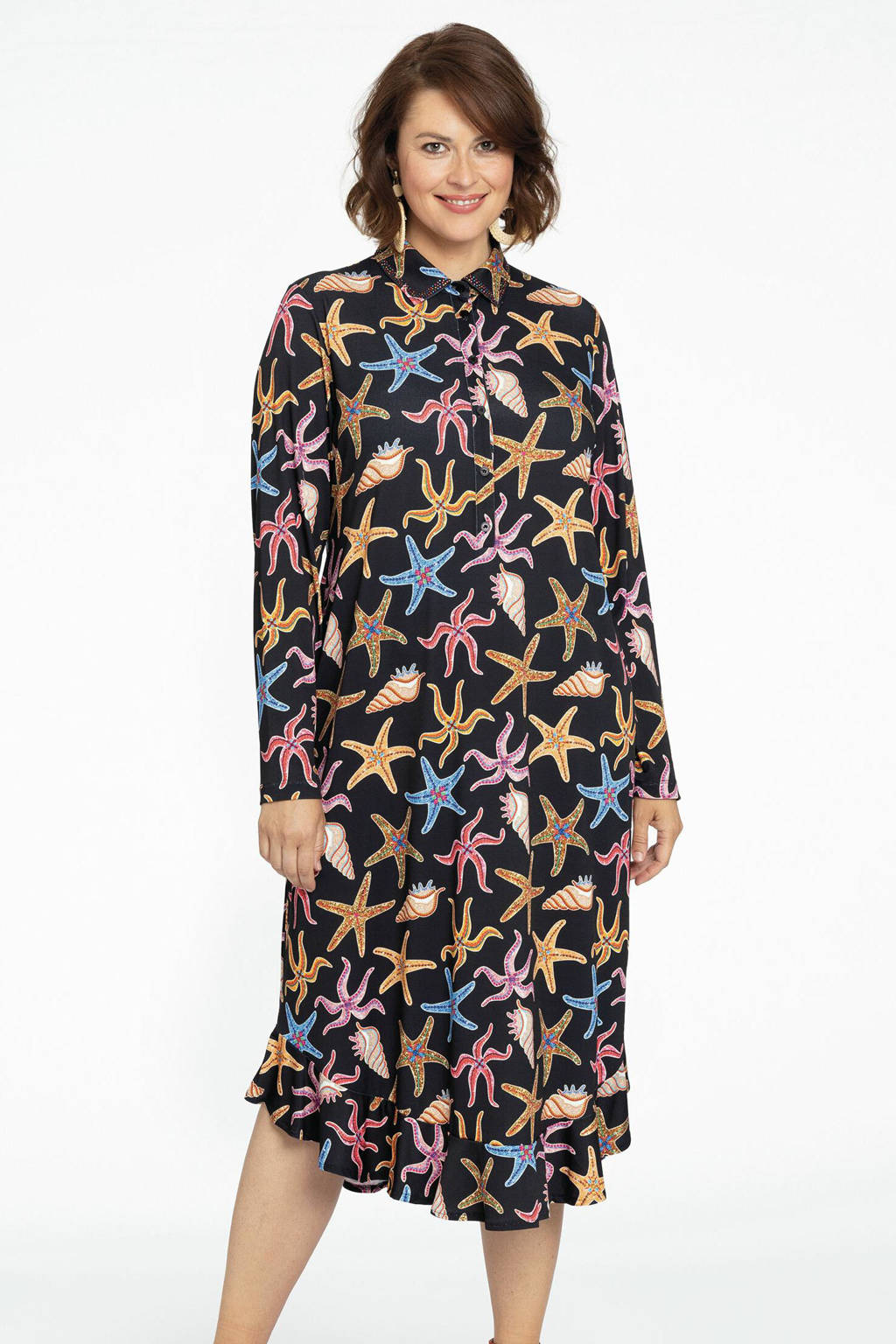 Yoek blousejurk MARINA van travelstof met all over print zwart/roze/lichtgeel