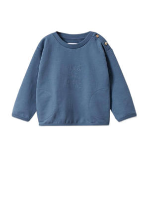baby sweater met tekst en borduursels middenblauw