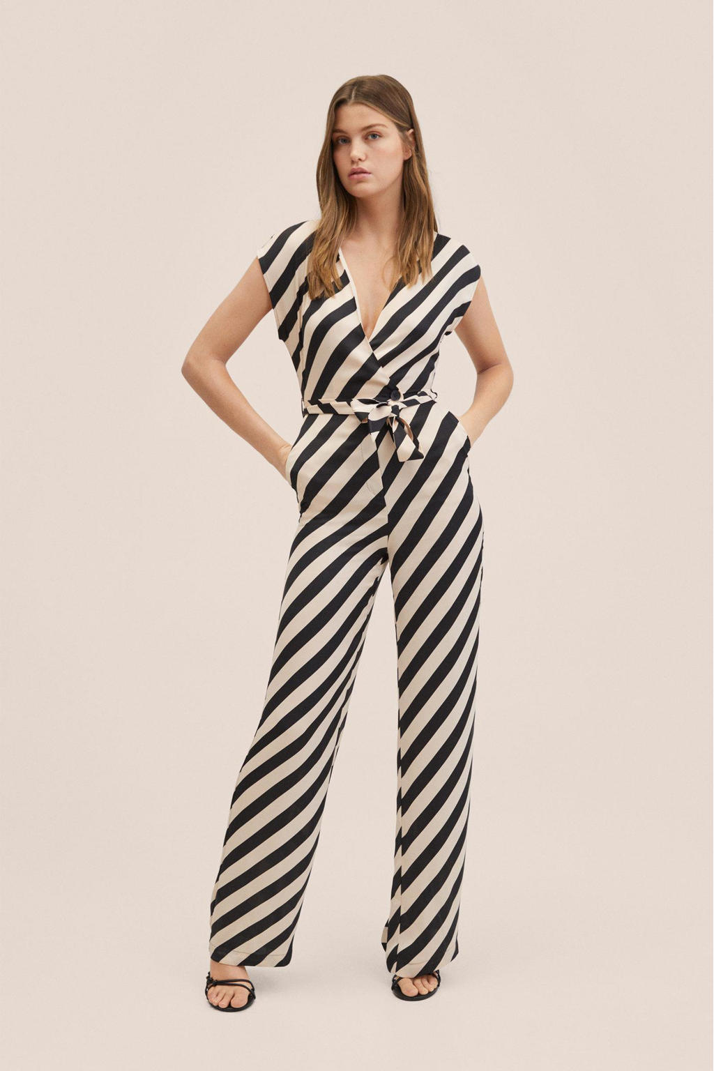 Mango jumpsuit met ceintuur zwart/wit wehkamp
