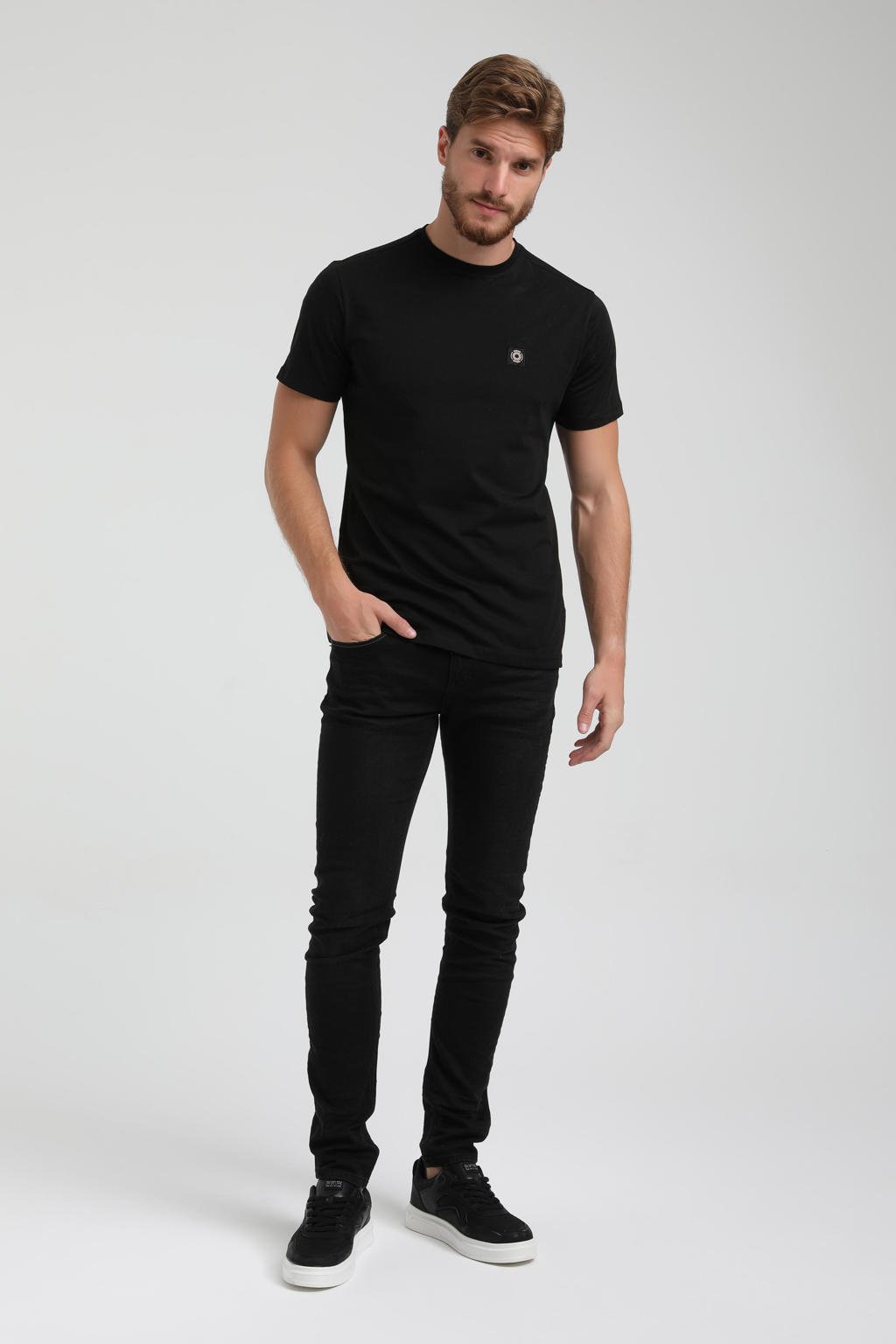 Zwarte heren GABBIANO regular fit T-shirt van katoen met logo dessin, korte mouwen en ronde hals
