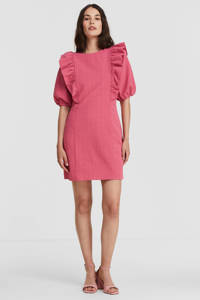 Roze dames Freebird jurk Leslie van polyester met korte mouwen, ronde hals, blinde ritssluiting en ruches