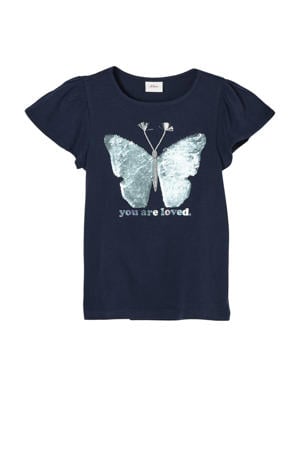 T-shirt met pailletten en ruches donkerblauw