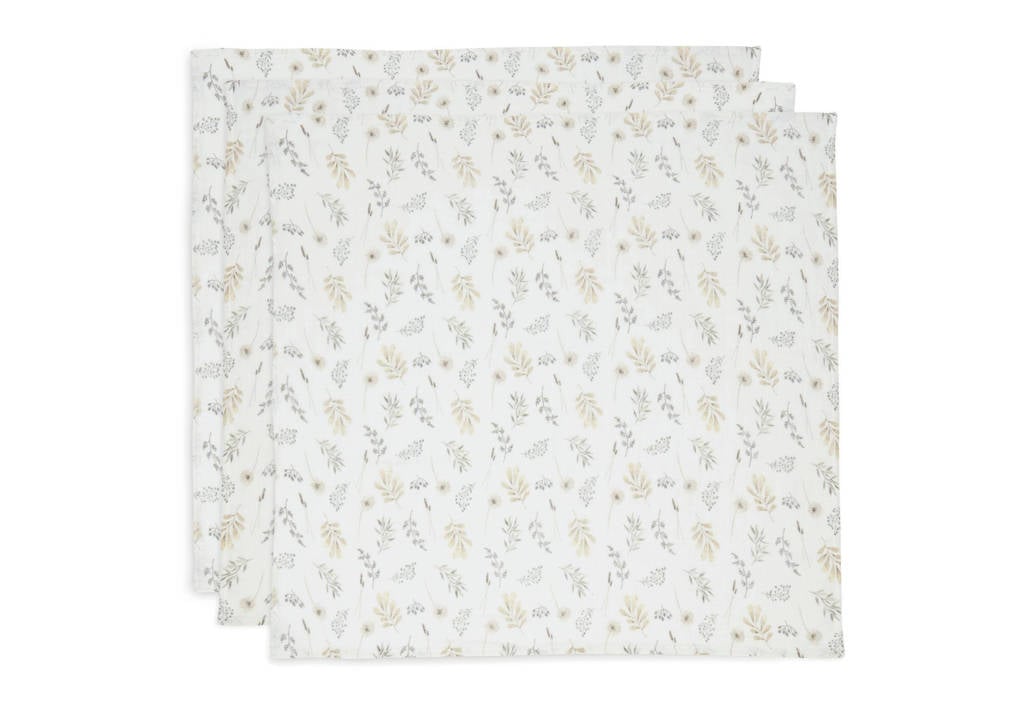 Jollein hydrofiele multidoek Wild Flowers 70x70cm - set van 3 wit/beige/grijs