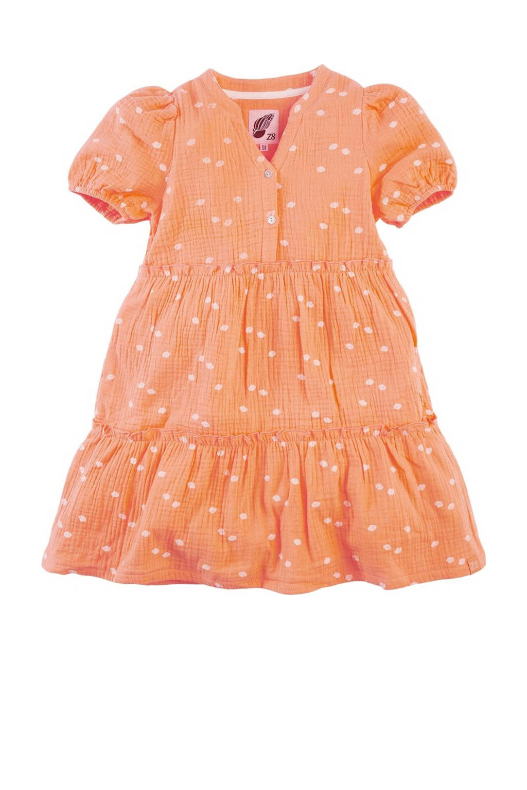 Oranje meisjes Z8 jurk Maura van katoen met stippenprint, korte mouwen, V-hals, knoopsluiting en volant