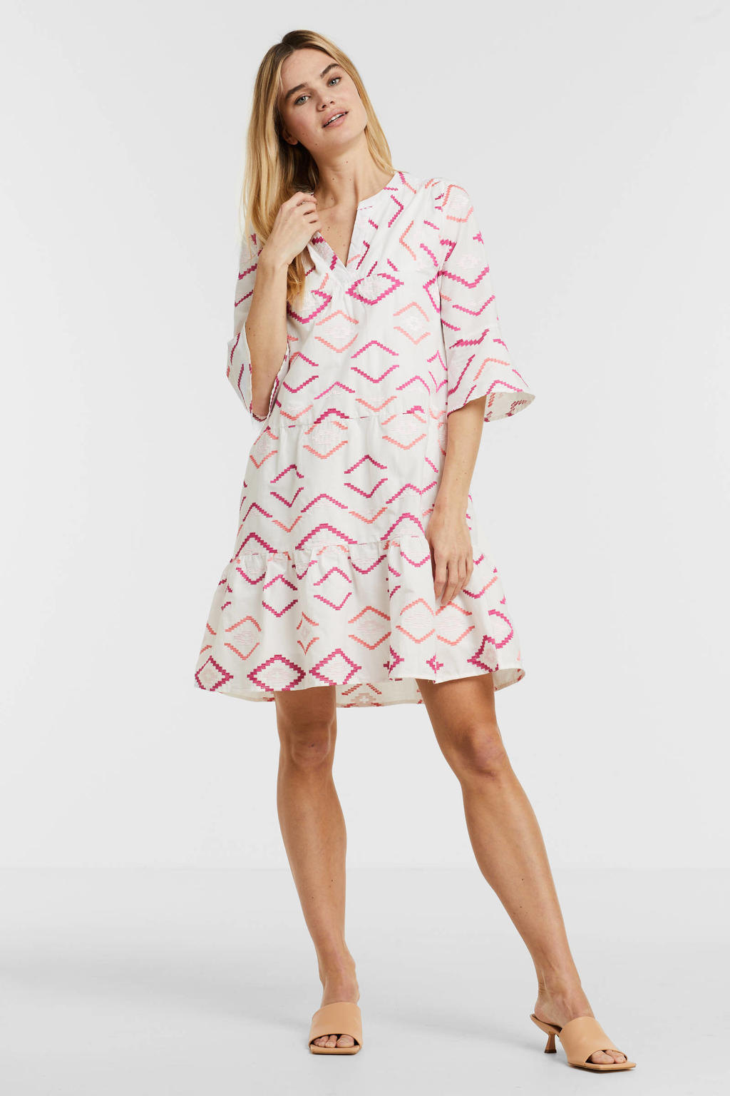 Smashed Lemon A-lijn jurk Jordan met grafische print en borduursels wit/roze