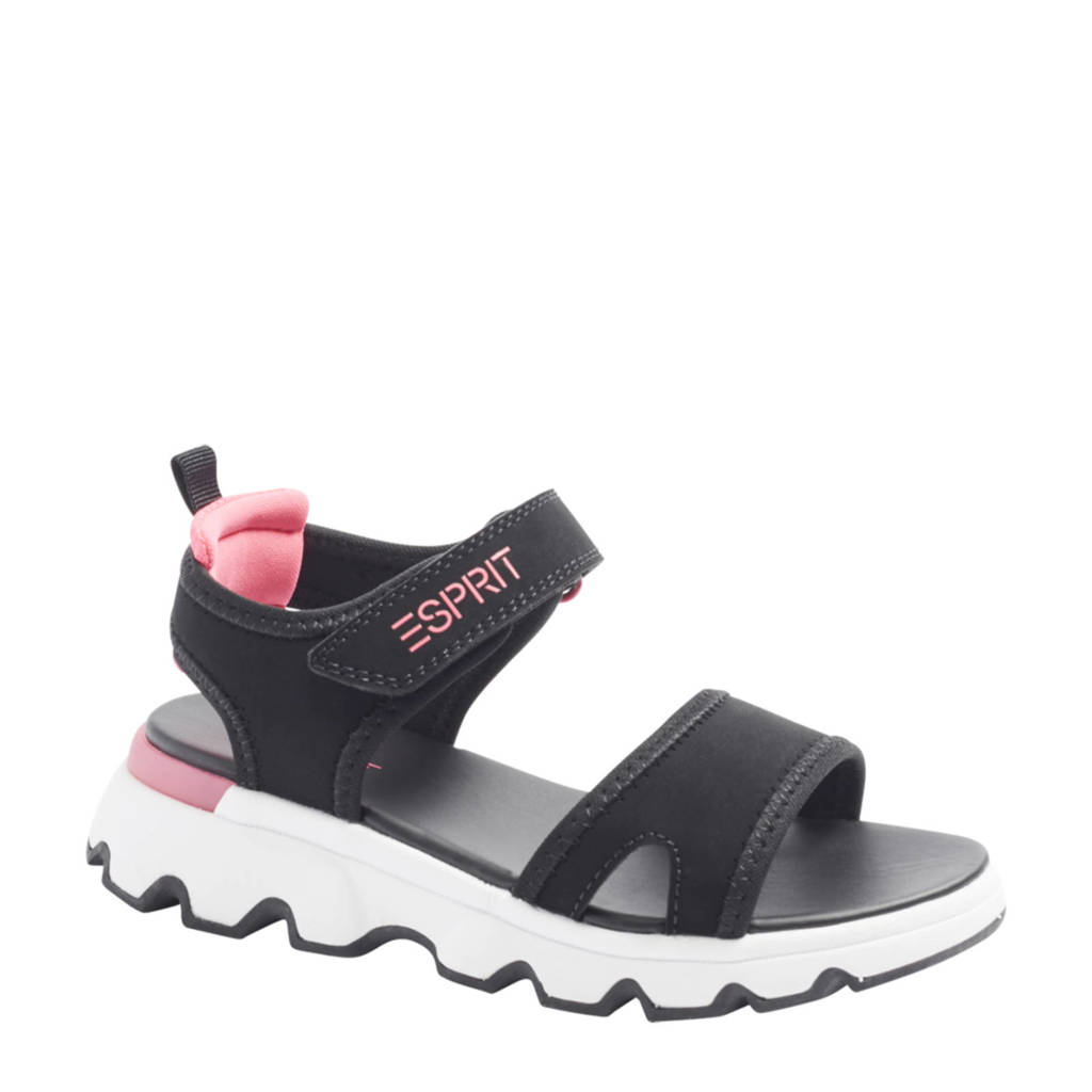 Zwart en roze meisjes ESPRIT sandalen van imitatieleer met profielzool, klittenband en logo