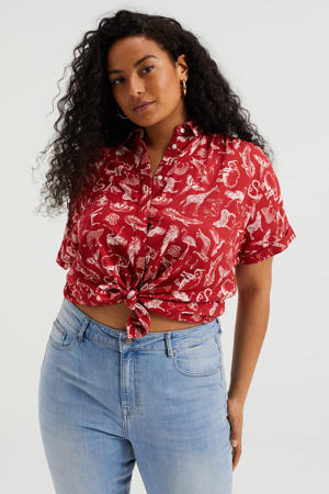 blouse met dierenprint en plooien rood/wit