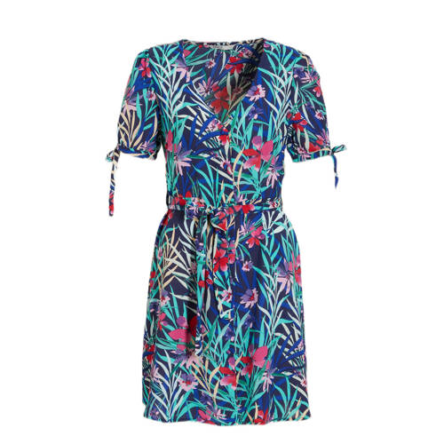 ONLY jurk ONLLINA met bladprint en ceintuur blauw/turquoise/roze