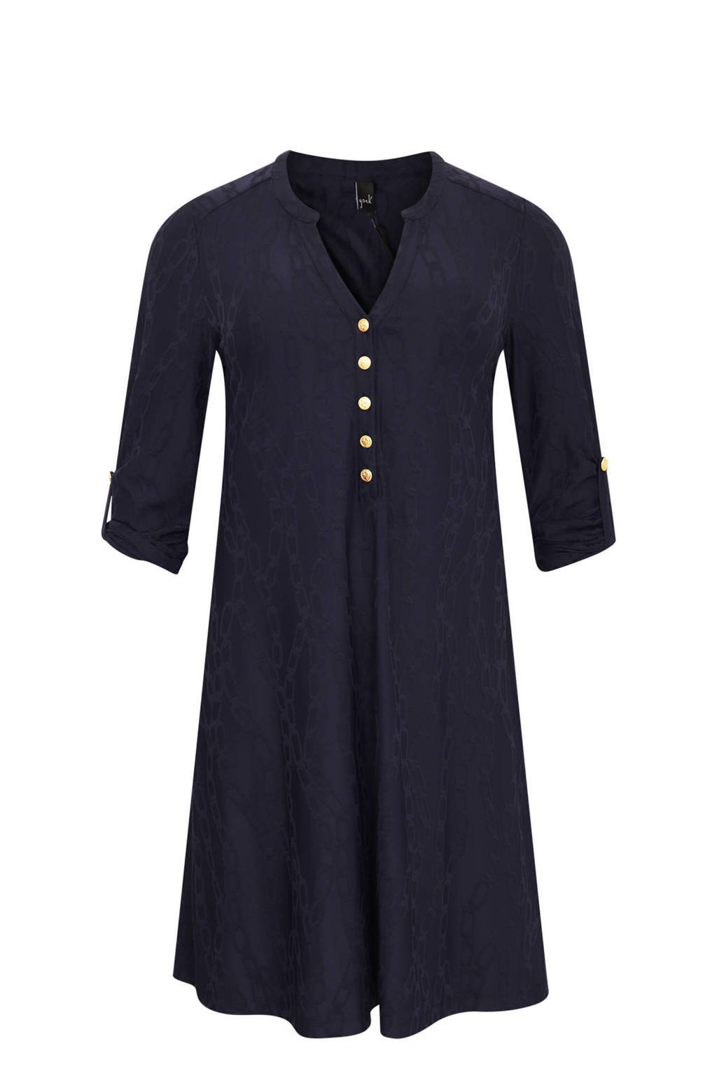 Yoek A-lijn jurk van travelstof met ingeweven ketting patroon CHAINS donkerblauw