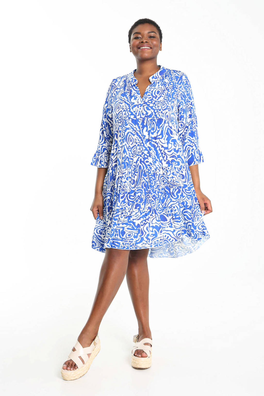 Variant Vergoeding krokodil Paprika jurk met all over print en volant blauw/wit | wehkamp