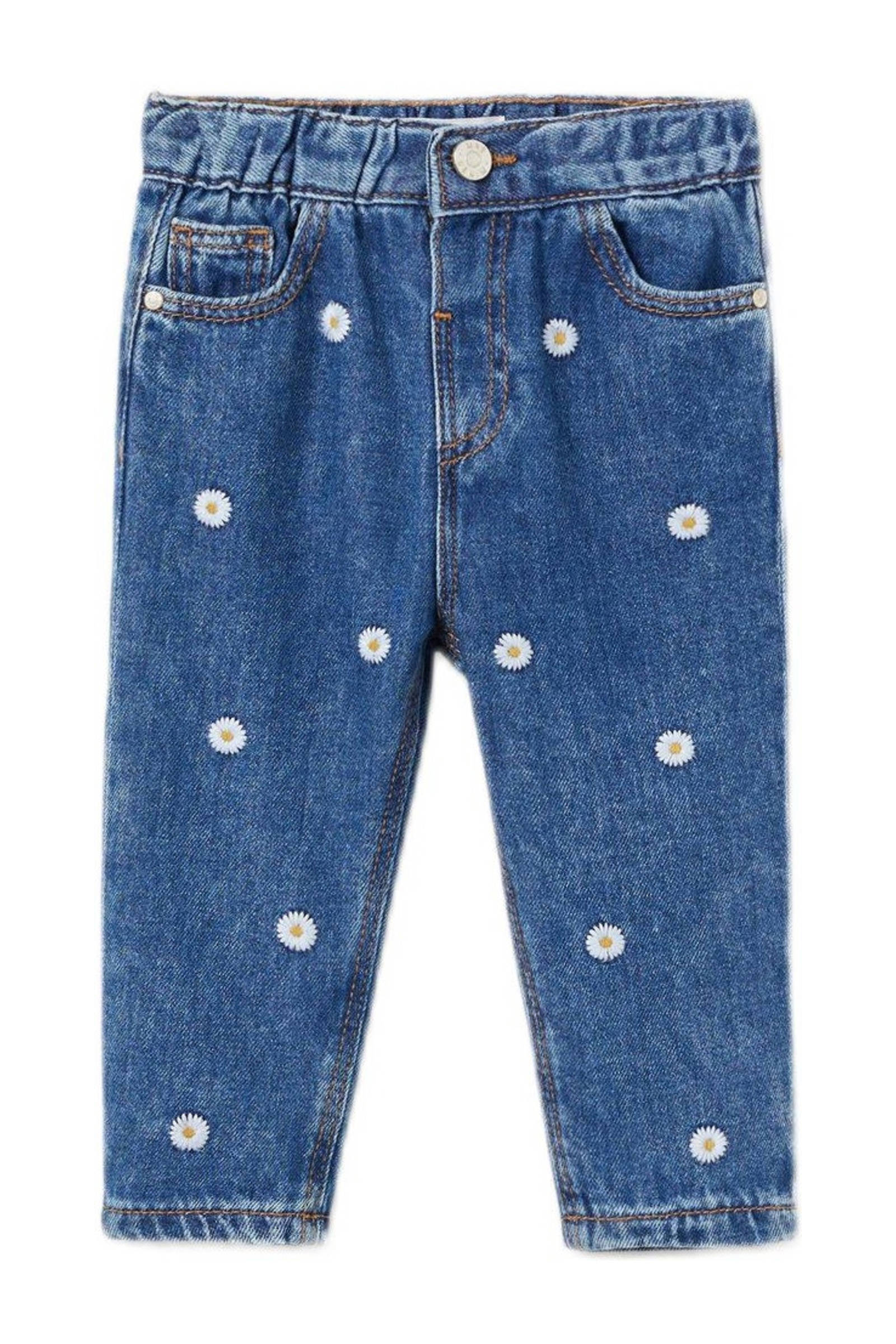 Mango Kids mom jeans met all over print en borduursels blauw online kopen