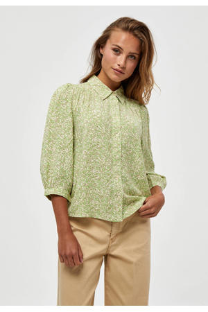blouse Dora met all over print en plooien groen/beige/bruin
