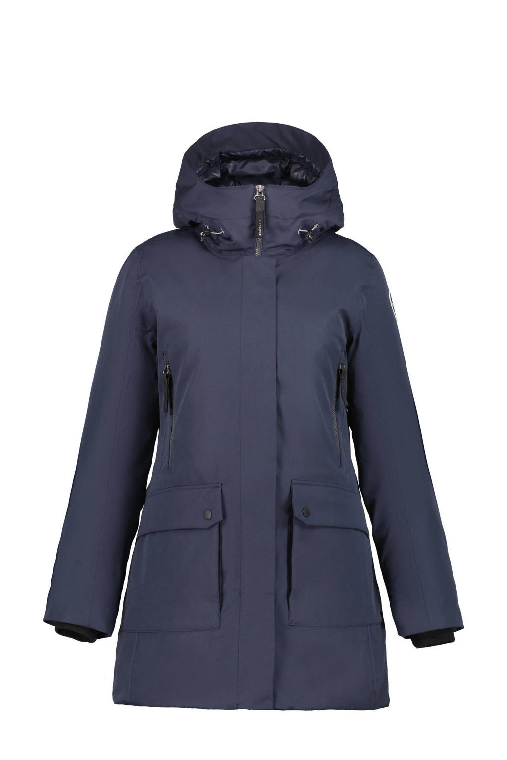 Donkerblauwe dames Icepeak jas Aldora van polyester met lange mouwen, capuchon en rits met windvanger