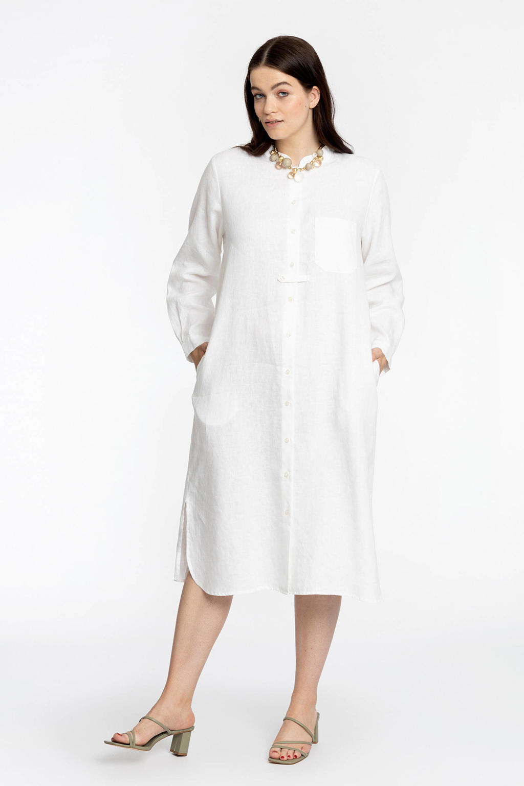 Witte dames Yoek lange blouse van linnen met all over print, lange mouwen, klassieke kraag, knoopsluiting en split