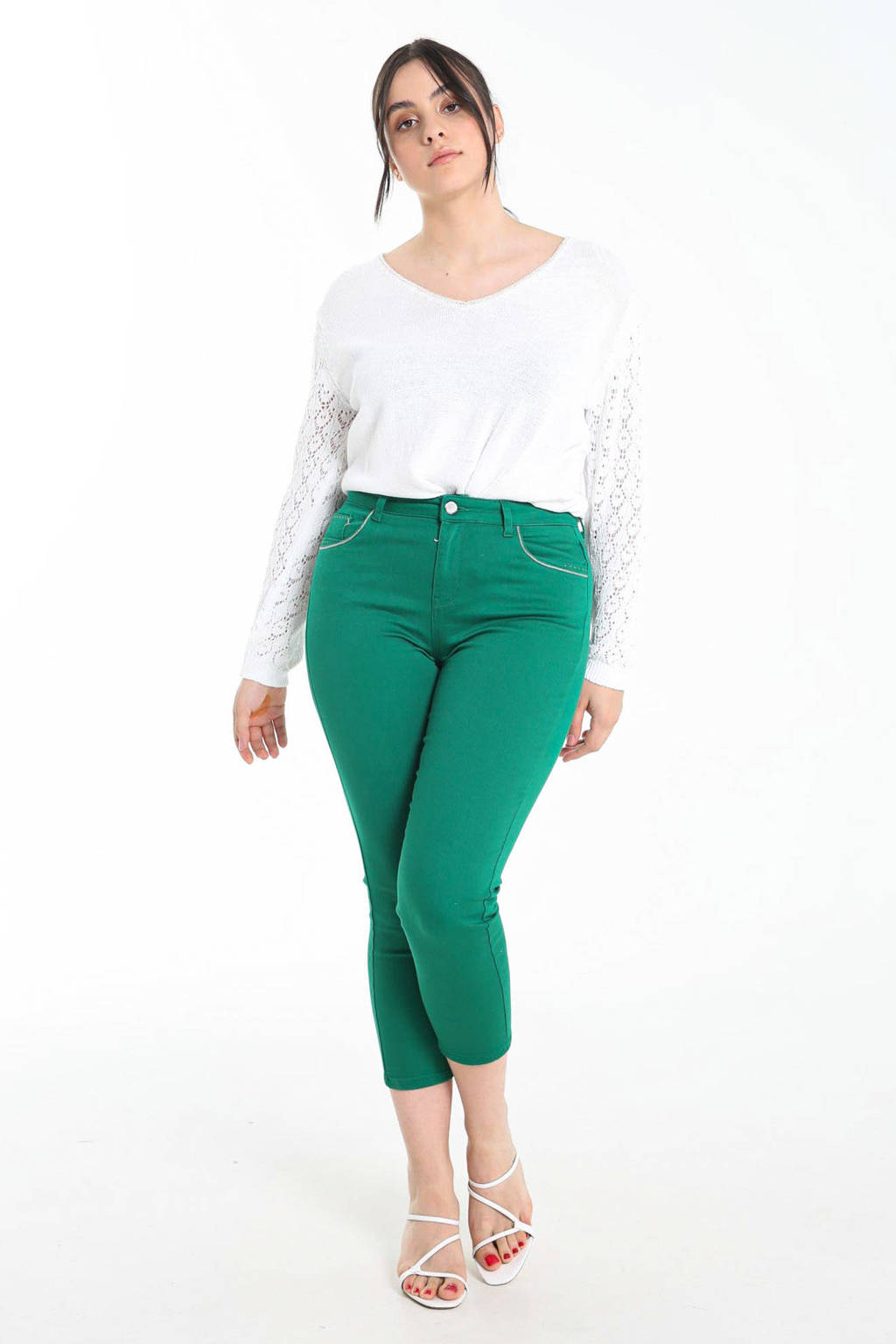 Cassis cropped high waist straight fit broek met zijstreep groen