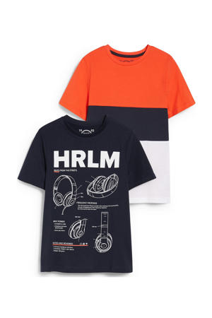 T-shirt - set van 2 donkerblauw/oranje/wit