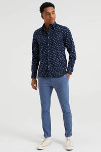 WE Fashion slim fit overhemd met all over print donkerblauw