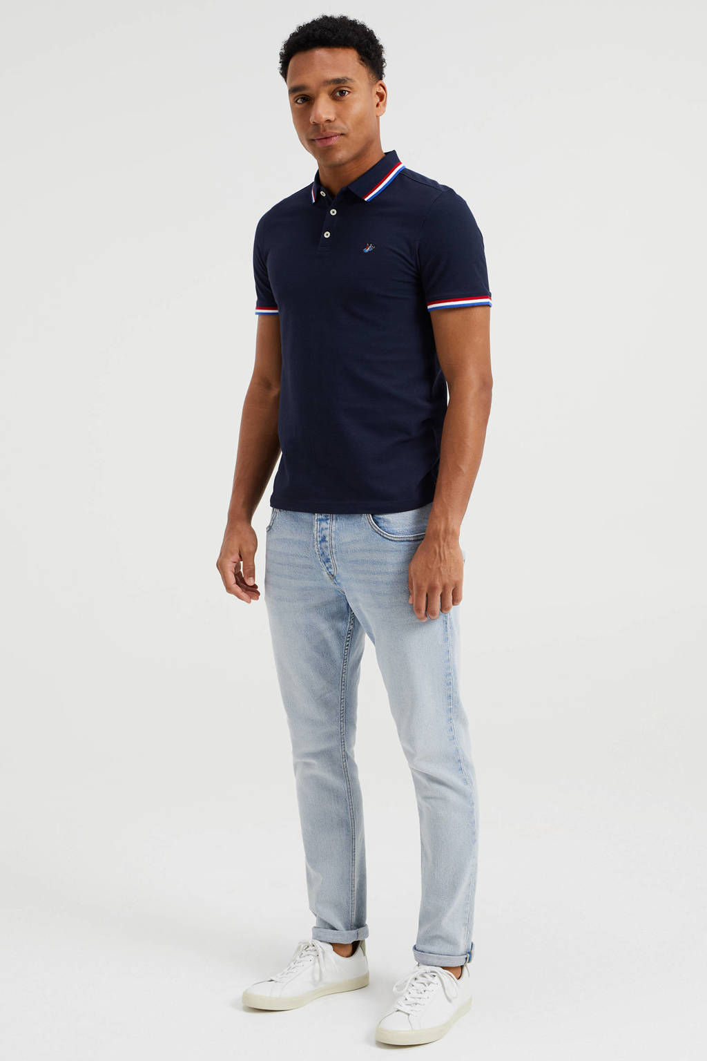 WE Fashion slim fit polo met contrastbies donkerblauw