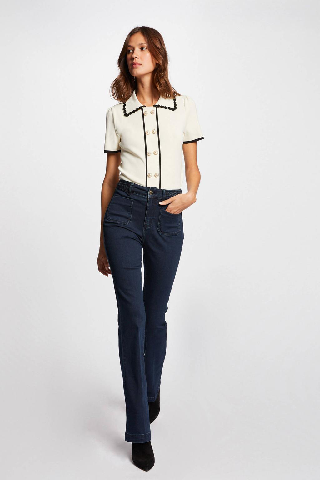 Donkerblauwe dames Morgan high waist flared jeans van katoen met rits- en knoopsluiting