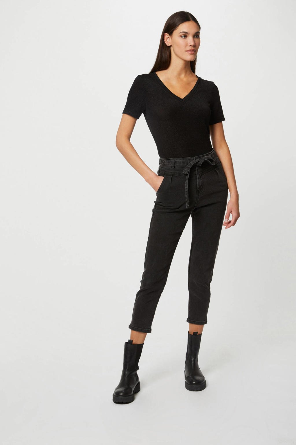 Zwarte dames Morgan gebreid T-shirt van polyamide met effen, korte mouwen en V-hals