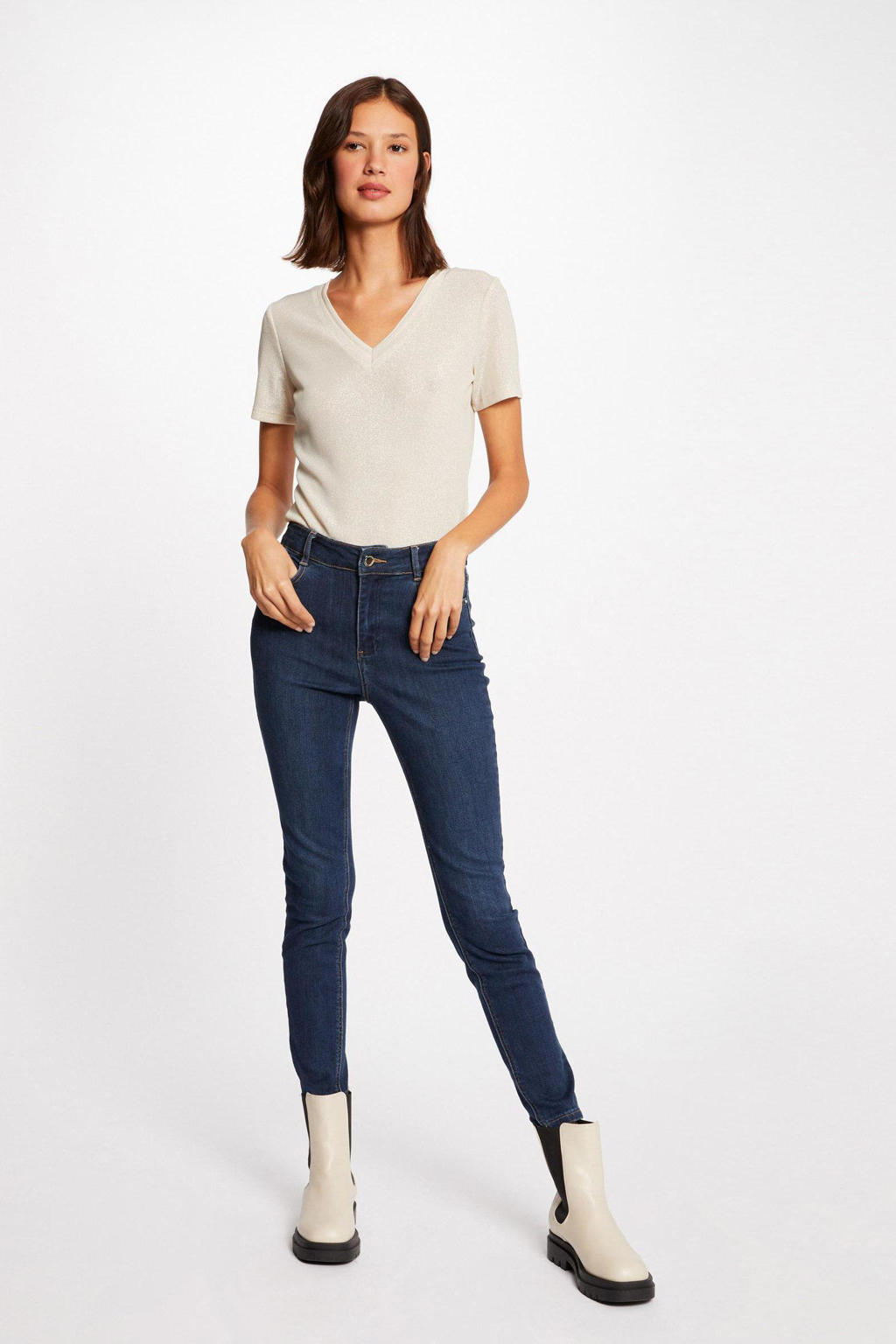 Beige dames Morgan gebreid T-shirt van polyamide met effen, korte mouwen en V-hals