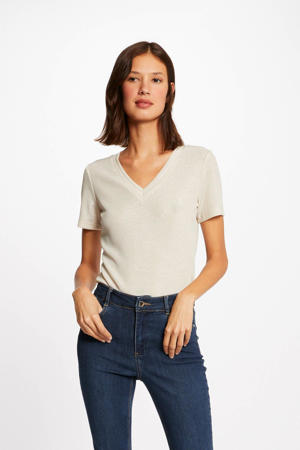 gebreid T-shirt met glitters beige