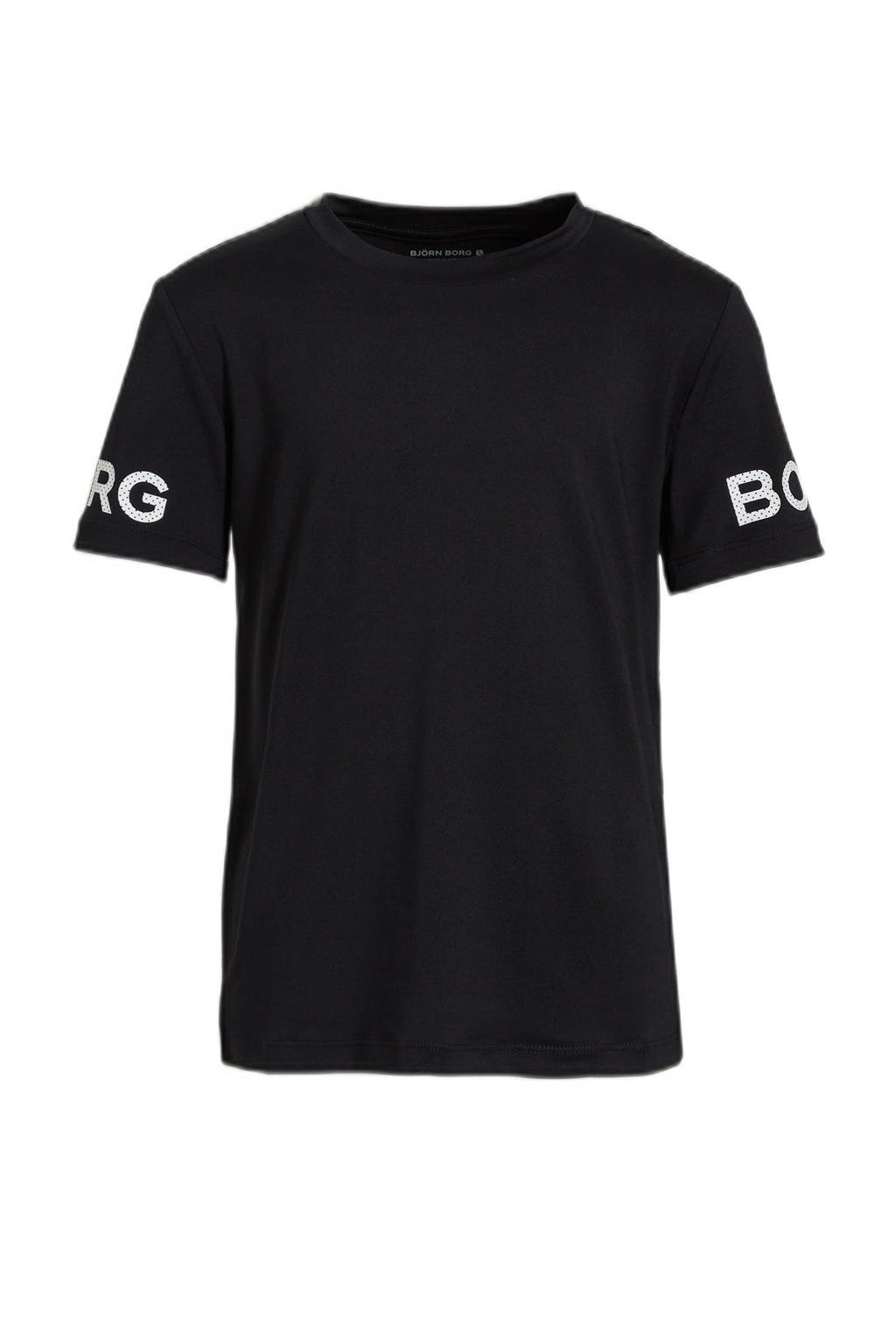 Zwarte jongens Björn Borg sport T-shirt van gerecycled polyester met camouflageprint, korte mouwen en ronde hals