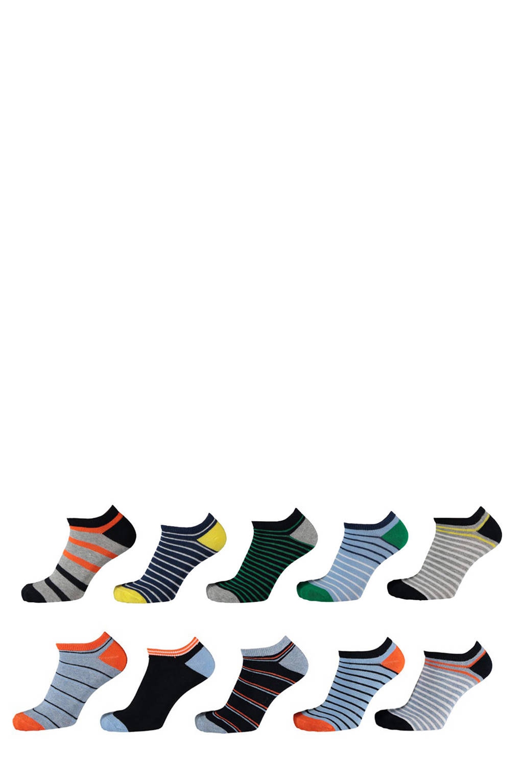 Apollo gestreepte sneakersokken - set van 10 multi, Blauw/grijs/oranje/zwart/geel