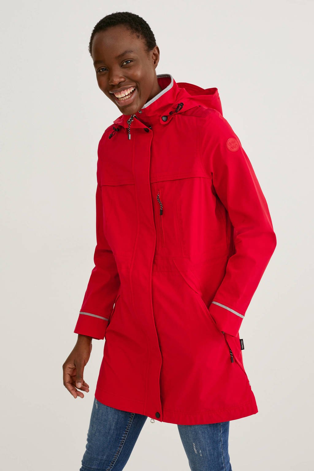 Rode dames C&A jas van nylon met lange mouwen, capuchon en rits- en drukknoopsluiting