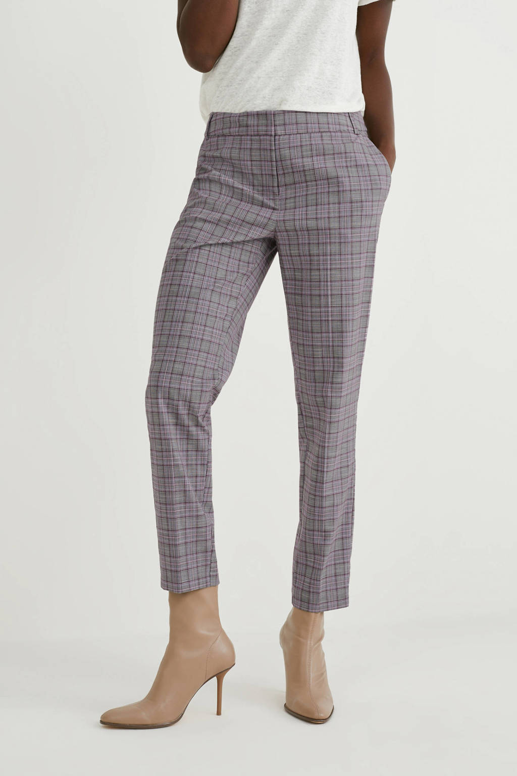 Grijs en paarse dames C&A geruite cropped high waist slim fit broek van polyester met gebreide details