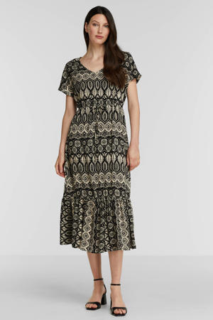 jurk Africa met all over print en volant zwart/zand