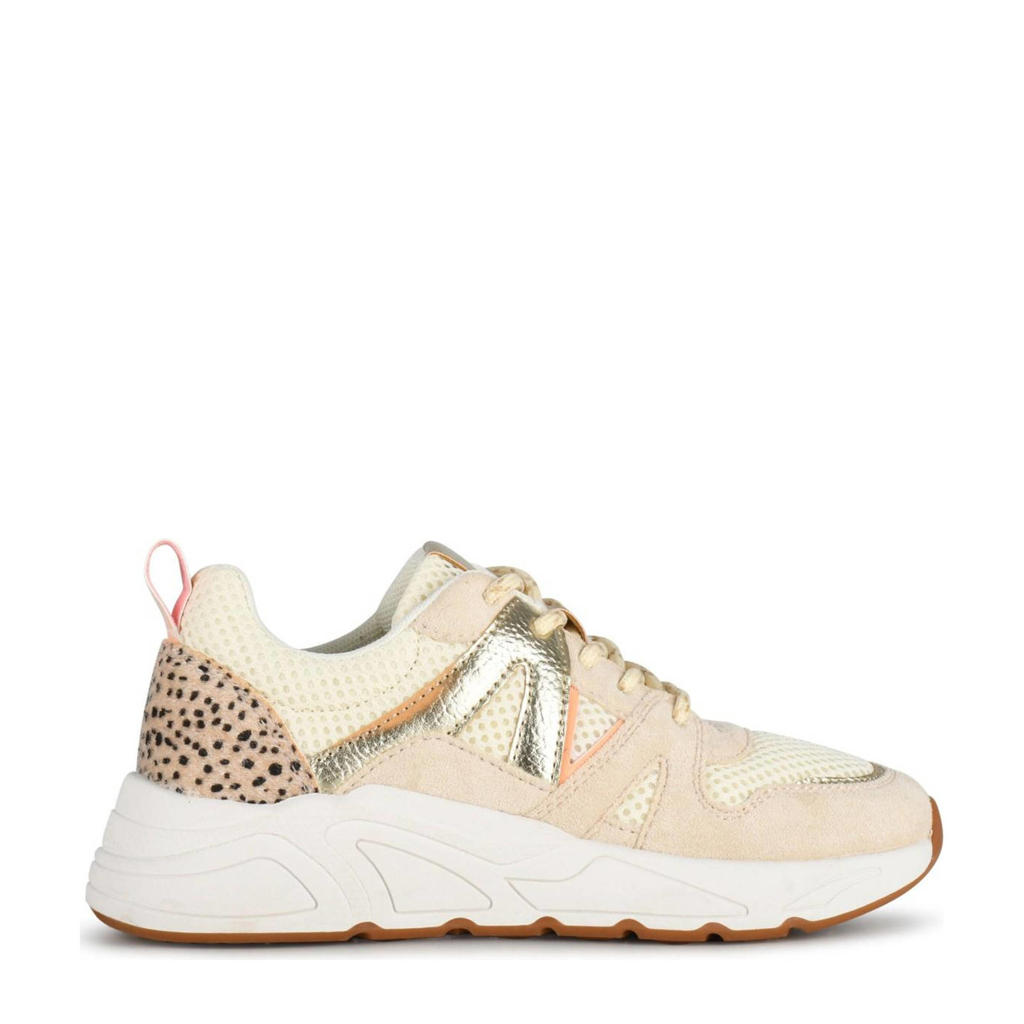 Beige en multikleurige meisjes PS Poelman Carocel Tiener chunky sneakers van imitatieleer met veters en dierenprint