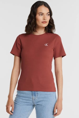 ribgebreid T-shirt met logo en borduursels terra