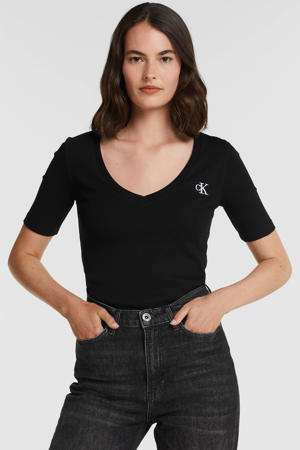 ribgebreid T-shirt met logo zwart