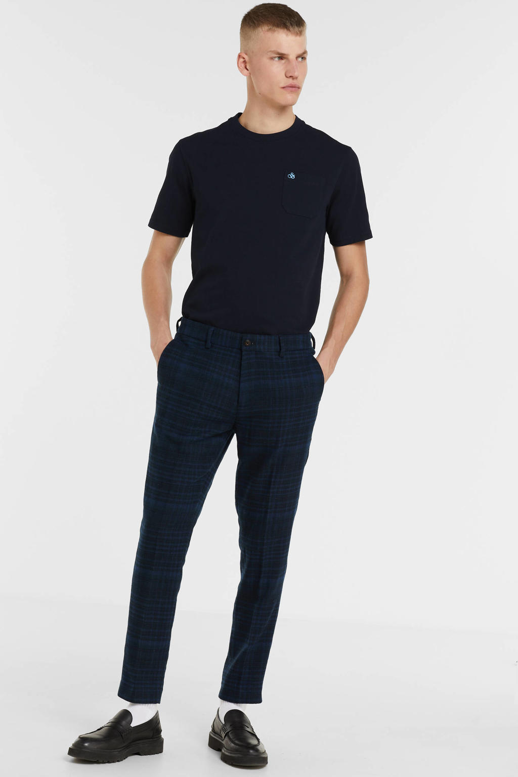 Scotch & Soda geruite slim fit broek donkerblauw