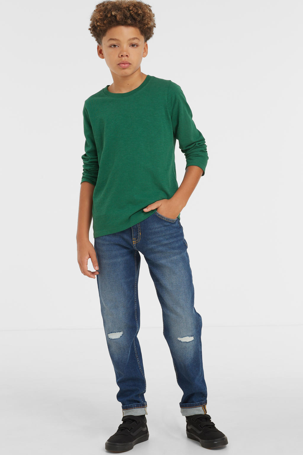 Dark blue denim jongens Anytime tapered slim fit jeans van denim met effen