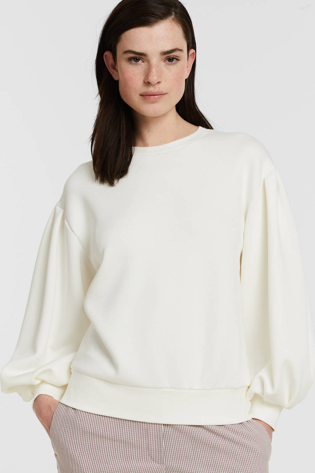 Witte dames MSCH Copenhagen sweater Ima Q van viscose met lange mouwen, ronde hals en ballonmouwen