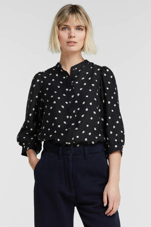 blouse Sigrida met all over print en plooien zwart/ wit