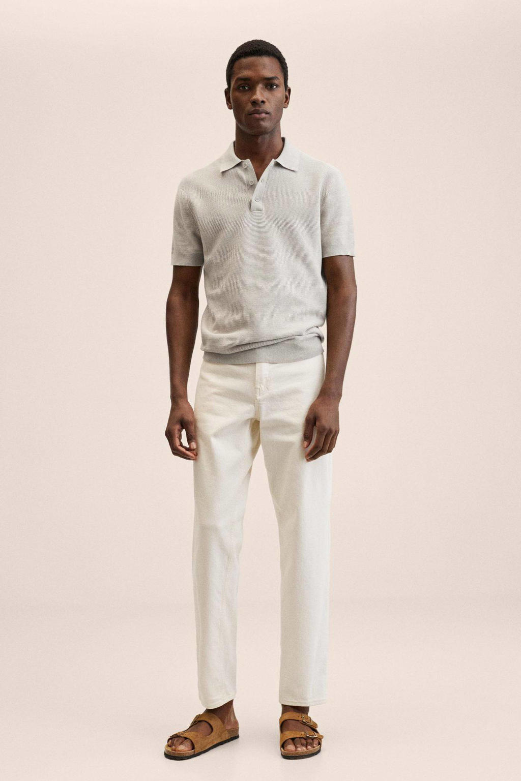 Mango Man gestreepte fijngebreide polo lichtbeige