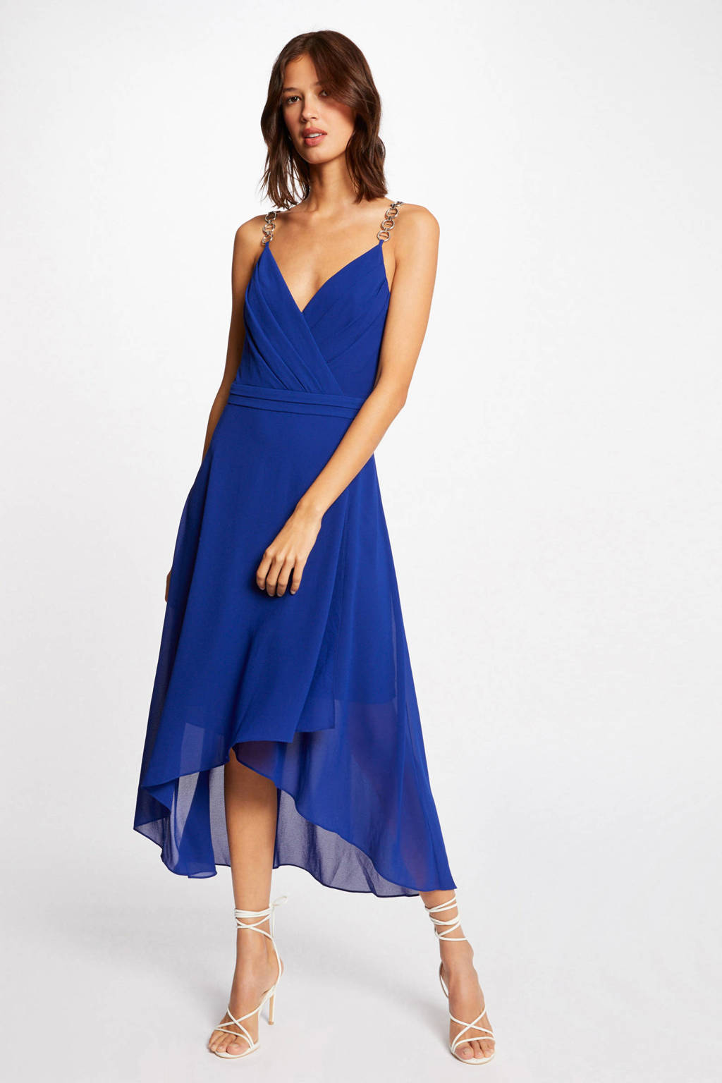 Blauwe dames Morgan semi-transparante jurk van polyester met spaghettibandjes, overslagkraag en blinde knoopsluiting