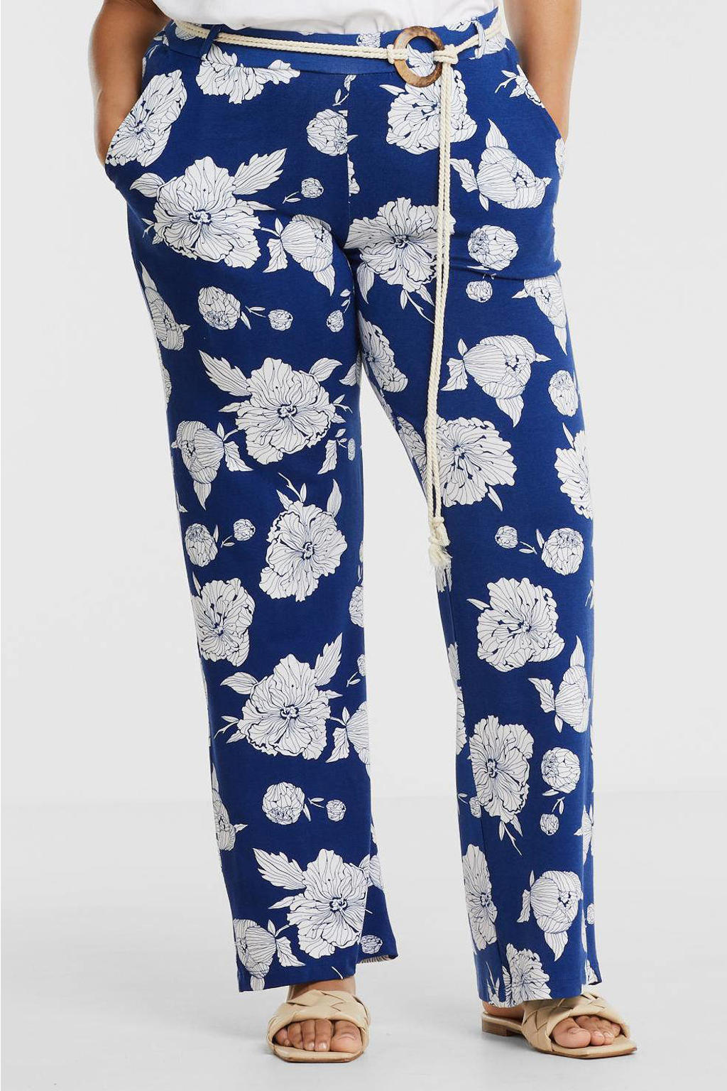 Blauwe dames GREAT LOOKS jersey wide leg broek in all over print van viscose met regular waist, elastische tailleband en bloemenprint