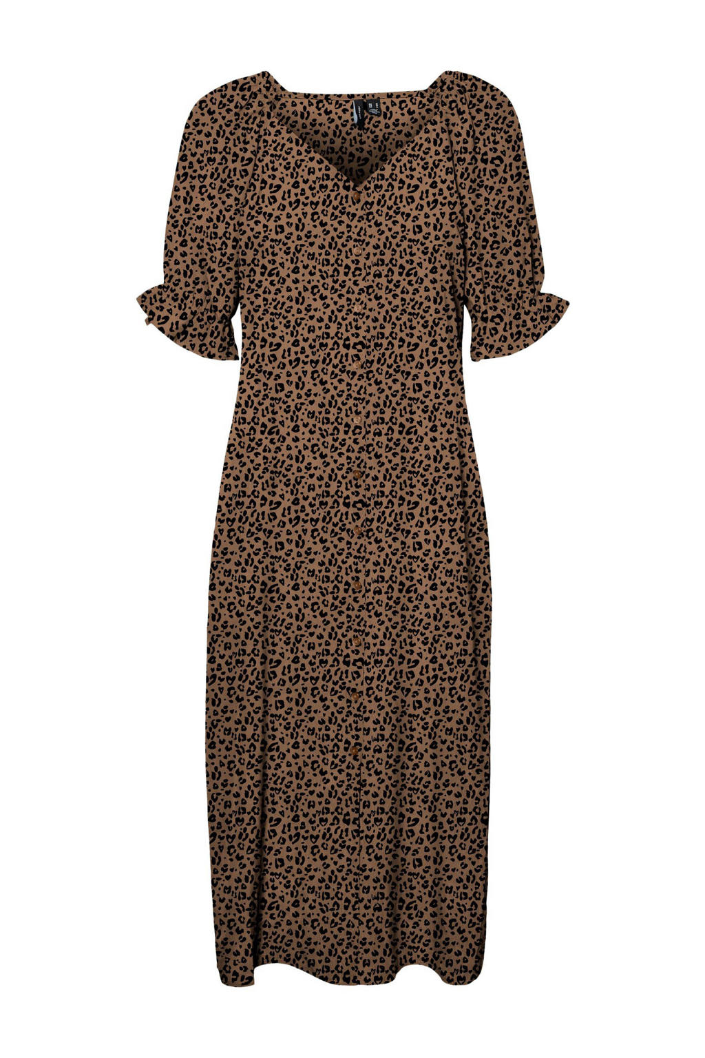 Bruine dames VERO MODA maxi jurk met plooien van polyester met panterprint, korte mouwen en V-hals